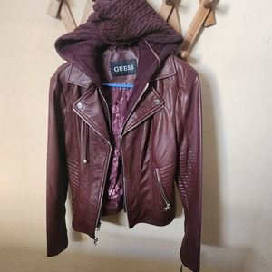 Guess Leather Jacket Large Maroon